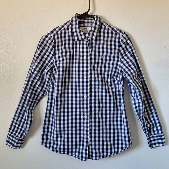 Vineyard Vines Button Front Shirt Womens size 0 Blue Gingham Long Sleeve Tapered - Picture 1 of 12
